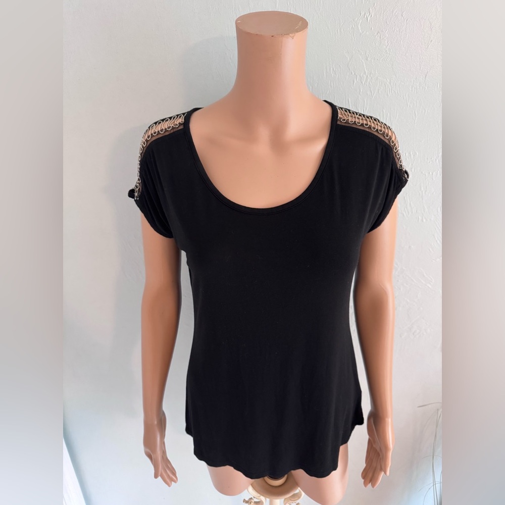 Jennifer Lopez black short sleeve top with metal detail on sleeves S